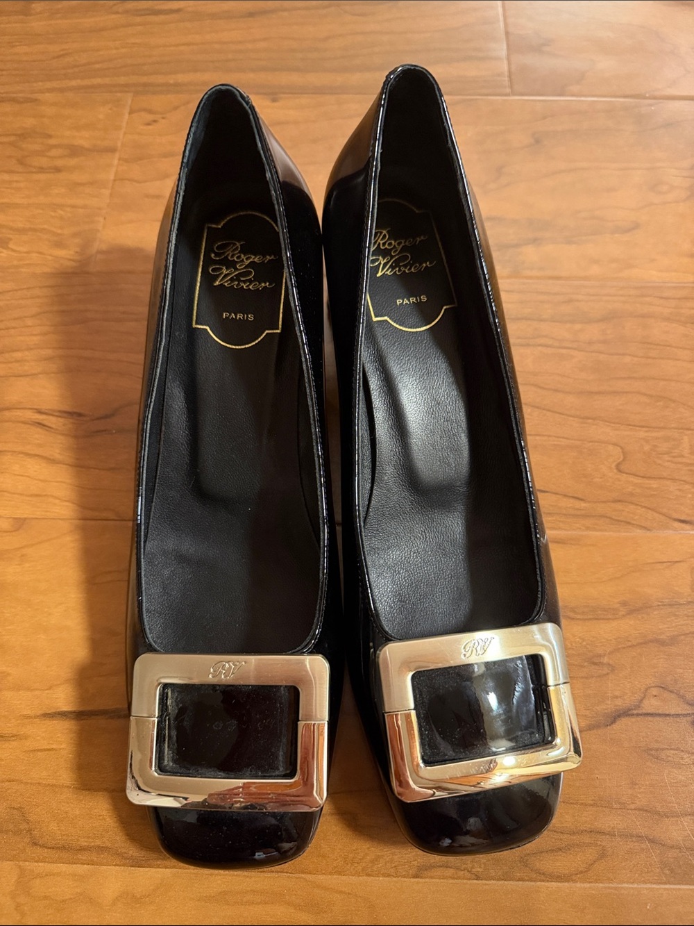 Black Patent Pumps with Gold-Toned Buckle